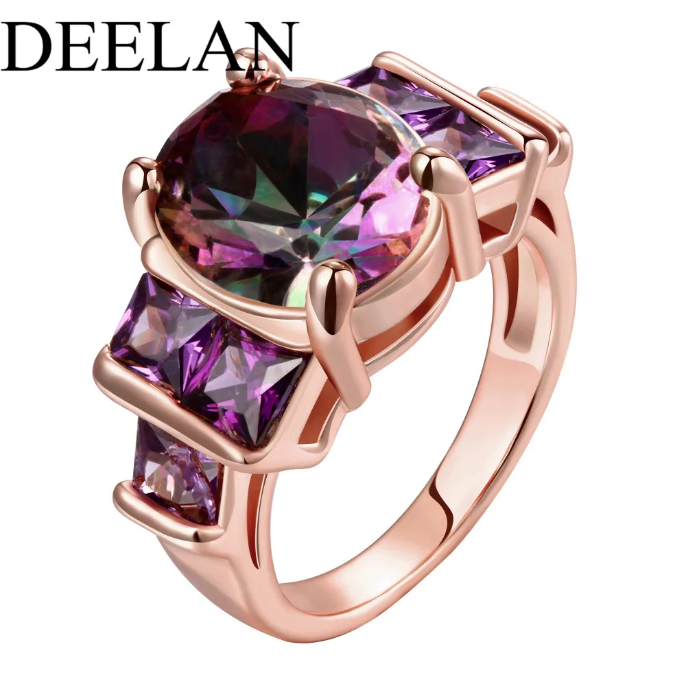Anniversary Wedding Jewelry Fashion Colorful Rainbow Big Oval Zircon Stone Crystal Rings For Women Rose Gold color Bijoux Gifts | Украшения