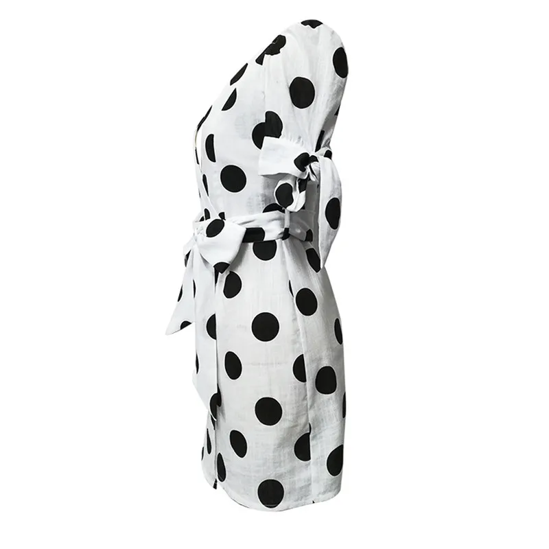 Женское платье с v образным вырезом повседневное свободное в горошек короткими