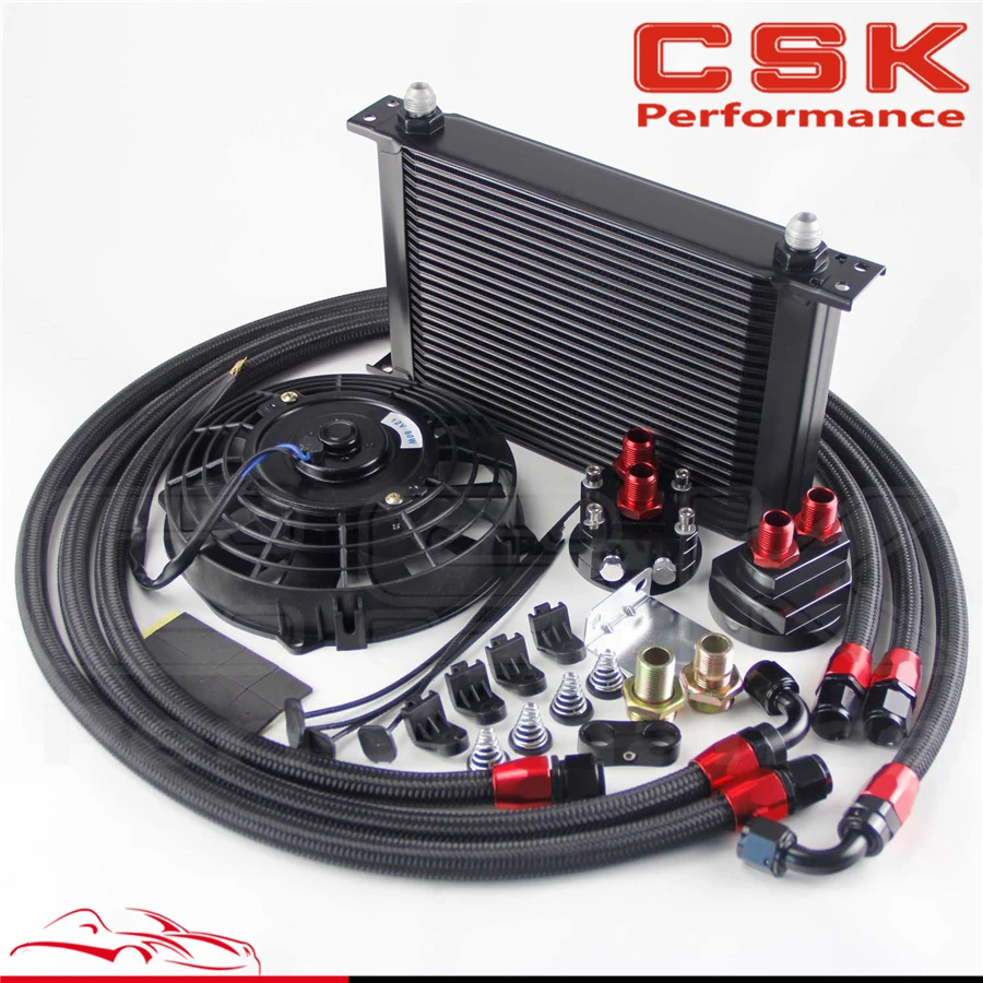 

25 Row AN8 Engine Oil Cooler /Filter Relocation hose + 7" Electric Fan Kit BK