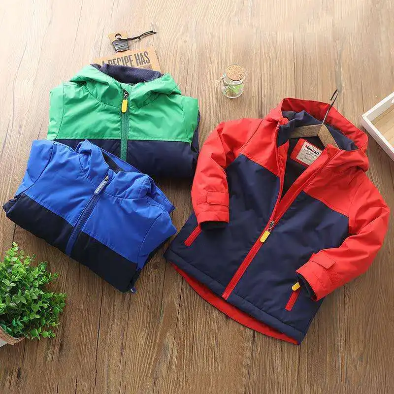 New Autumn Winter Fleece Jackets For Boy Hooded Warm Outerwear Boys Cotton-padded Windbreaker Baby Kids Coats