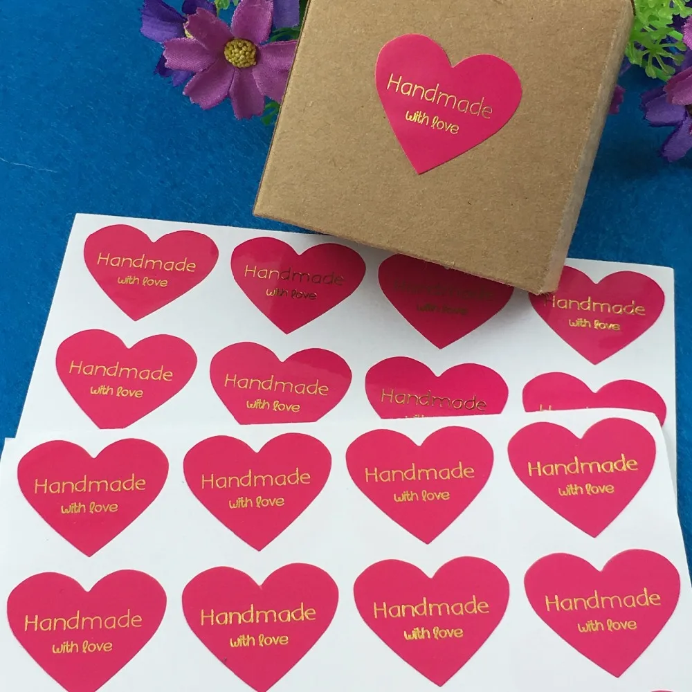 

5000PC/Lot Thermoprinting Gold Rose Red Heart Stickers Label Handmade with love Labels Sealing Sticker For Gift/Bag/Cup/Box/Tags