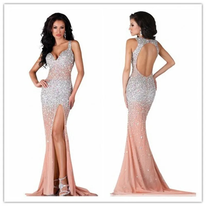 

2016 Sexy V-Neck Split Side Mermaid Evening Dress Sleeveless Backless Chiffon Beads Party Vestido Spaghetti Straps Crystal Dress