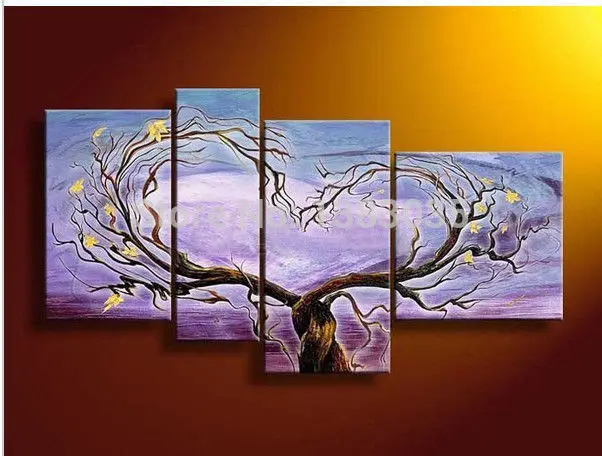 

Hand Painted Tree Wall Pictures Heart Oil Painting Modern Abstract 4 Piece Canvas Art Home Decor Sets With Unframed