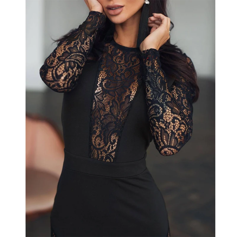 Сексуальное черное кружевное платье с длинным рукавом элегантное офисное