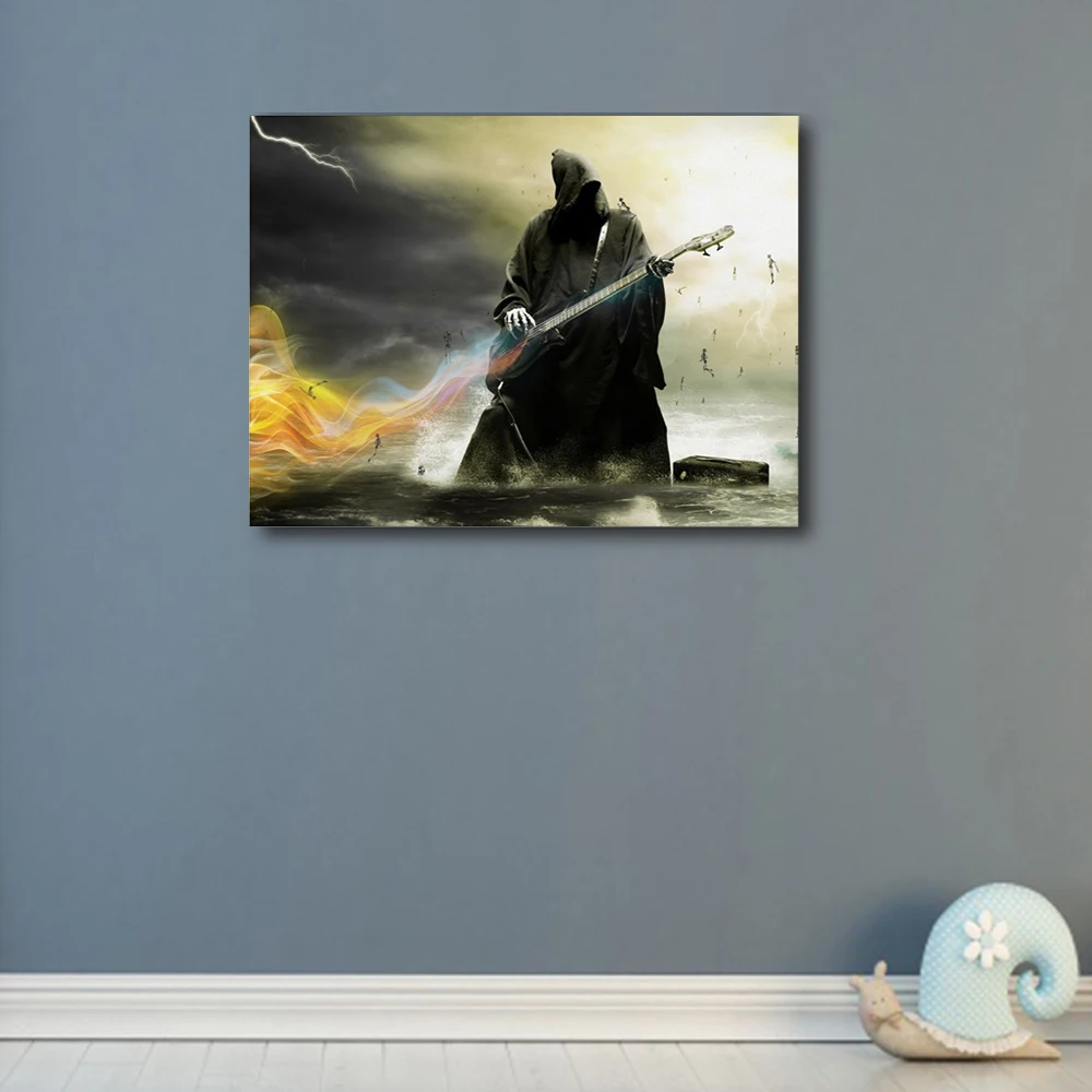 Laeacco Canvas Calligraphy Painting Rock Ghost Poster and Print Guitar Horror Theme Art Pictures For Living Room Home Decoration | Дом и сад
