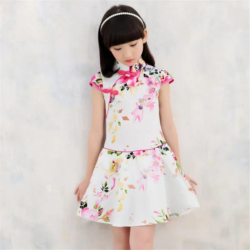 Летнее платье Ципао для девочек с цветочным принтом в виде лотоса детское