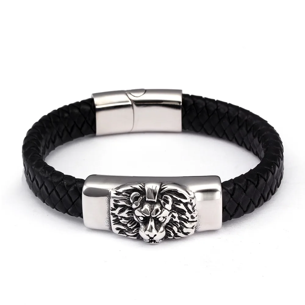 

Animal Design Diy Men Male Lion Charm Bracelets Trendy Stainless Steel Chain Link Cuff Genuine Leather Bracelets Bangles