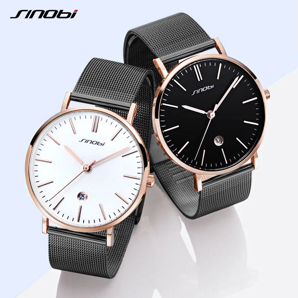 

SINOBI Fashion Luxury Couple Men Watches Male Female Date Stylish Lovers Clock Mesh Strap Quartz Classic Wristwatch Gift Relogio