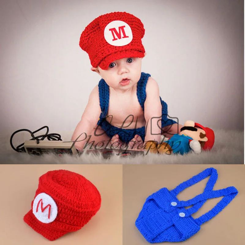 

Crochet Newborn Baby Photo Props Super Mario and Luigi Inspired Beanie Hat&Diaper Cover Set Knitted Boy Photo Costume H252
