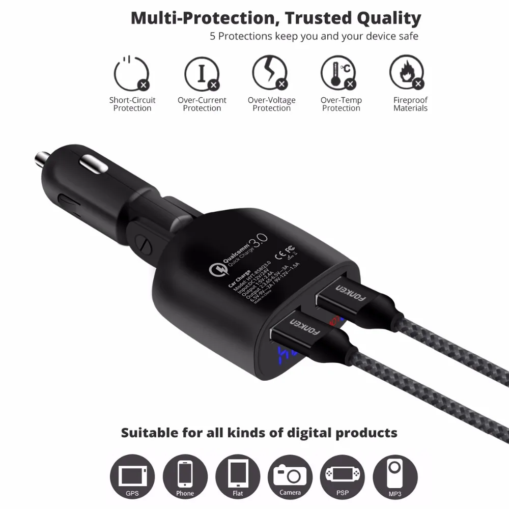 Автомобильное зарядное устройство FONKEN с двумя USB быстрая зарядка 3 0