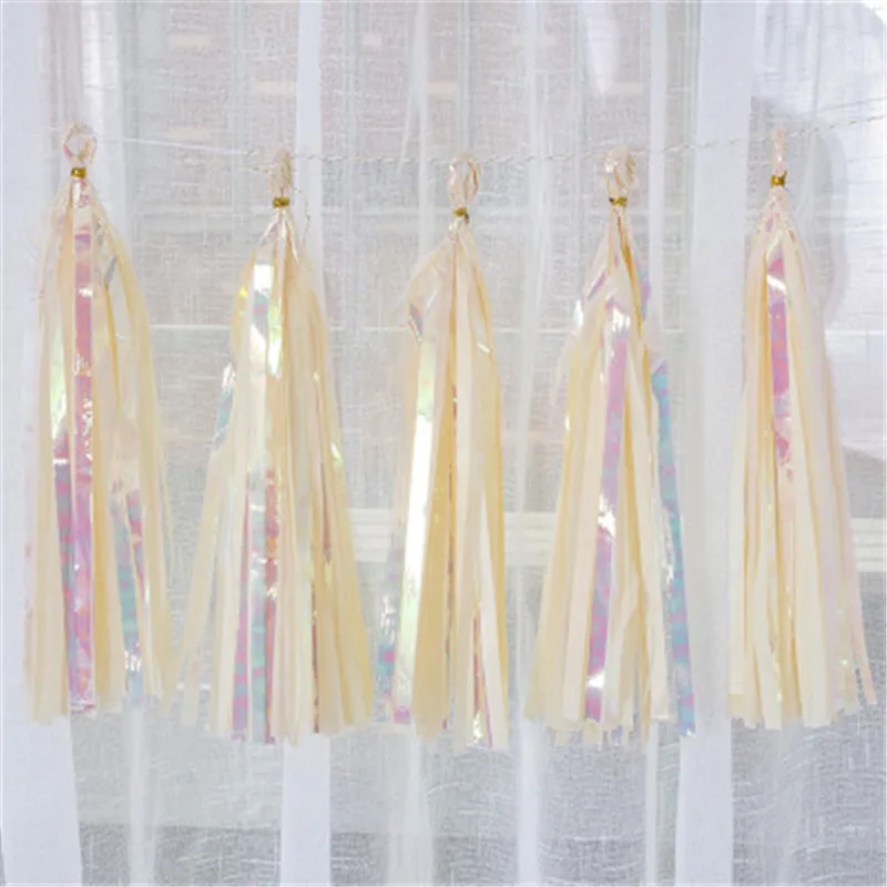 5 White Tassel Радужные вечерние комплекты, металлические бумажные тарелки, тарелки, чашки, обертки для кексов, шторы, кисточки для русалки/единорога, для свадебной вечеринки - Цвет: 5 White Tassel