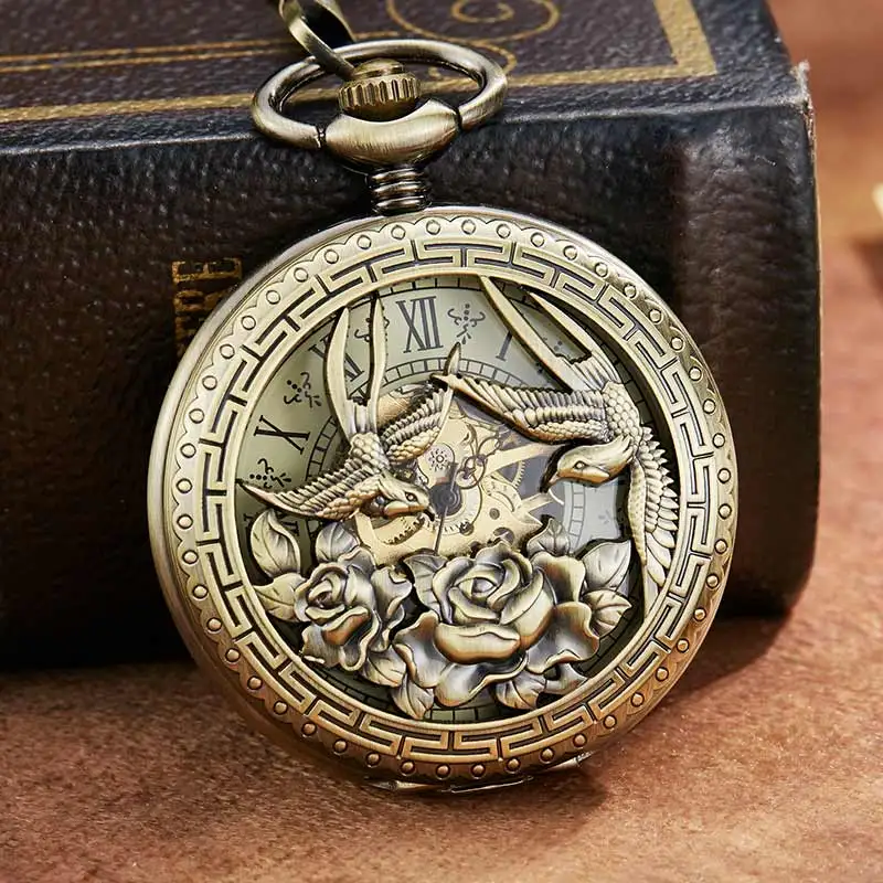 

Vintage Retro Dragon Phoenix Flower Exquisite Sculpture Mechanical Pocket Watch Chains Luckly Lover Wedding Gifts Skeleton Watch