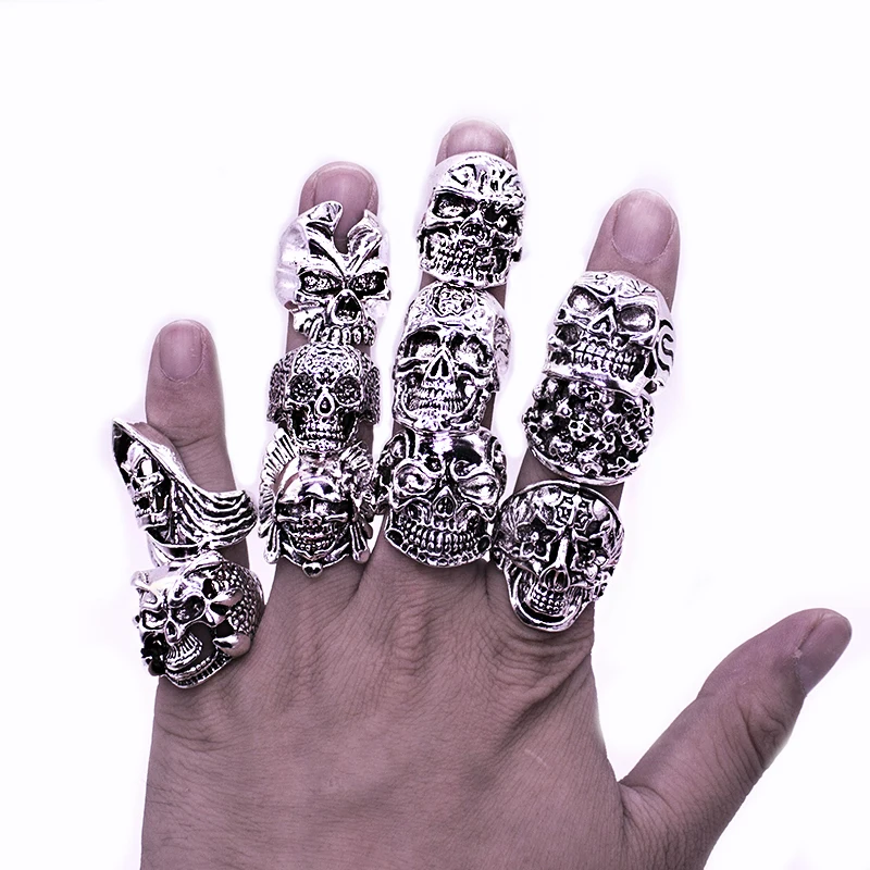 

12 Piece/lot Wholesale Mix Big Skull Ring in Jewelry Silver Color Top Quality Bohemian Statement Punk Ring for Men Free Shipping