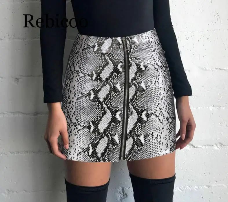 White Snake Print Leather Skirt Streetwear 2019 Mini Skirts Womens High Waist | Женская одежда
