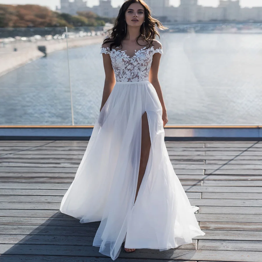 Сексуальные пляжные свадебные платья с разрезом по бокам Vestido De Novia, с коротким рукавом, с овальным вырезом, свадебные платья с аппликацией, Robe De Mariage