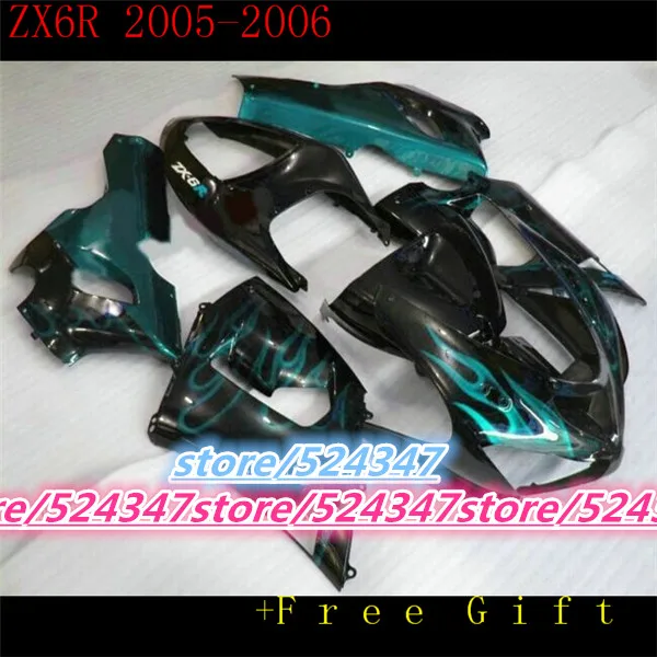 

Market hot sales manufacturers ZX6R 05 06 ZX6R, 636, 2005, 2006 smooth ink black motorcycle fairing of light blue flame-Fei