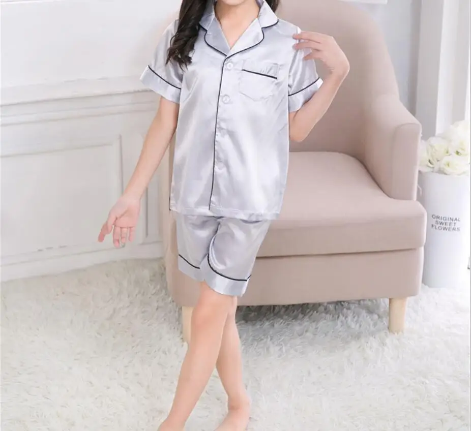 Silver Short sleeve Детский Шелковый пижамный комплект г., весенне-летний Шелковый пижамный комплект с длинными рукавами для мальчиков и девочек, детская одежда для сна, комплект одежды для сна - Цвет: Silver Short sleeve
