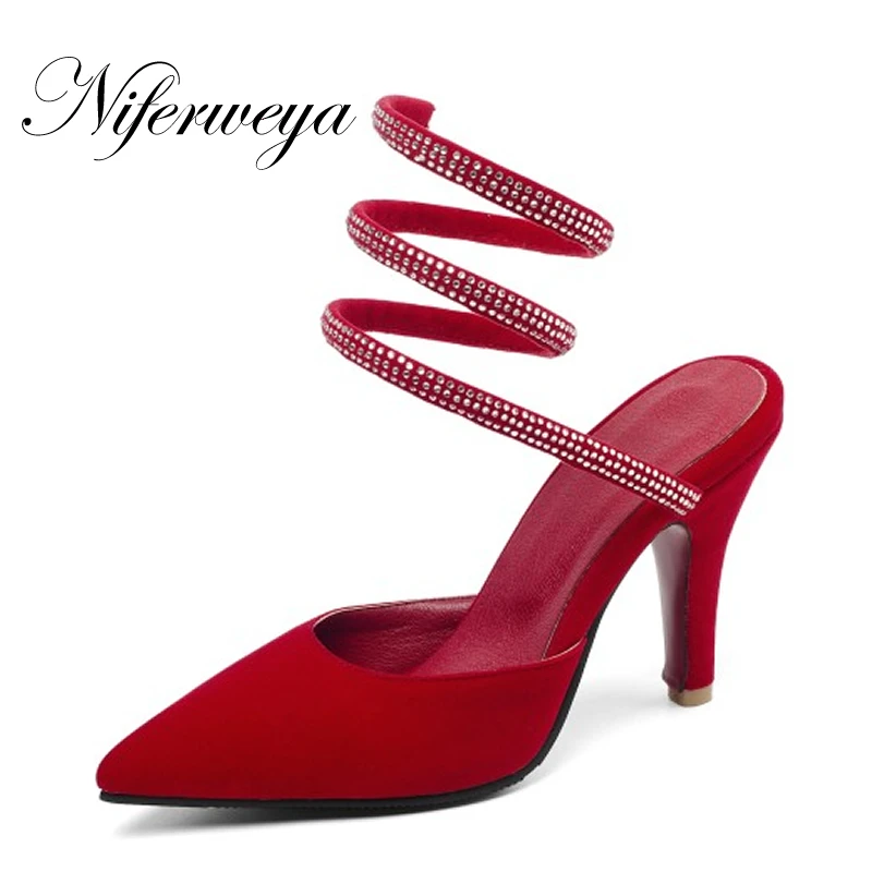 Новые летние женские свадебные туфли Красного цвета пикантные босоножки с