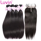 Luvin перуанские натуральные прямые волосы 4 пряди с закрытием 100% необработанные натуральные кудрявые пучки волос с кружевной отделкой