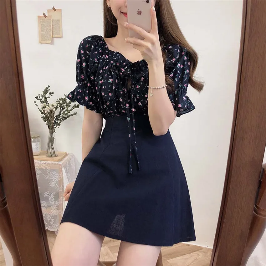 Женская блузка с оборками в корейском и японском стиле цветочным принтом преппи