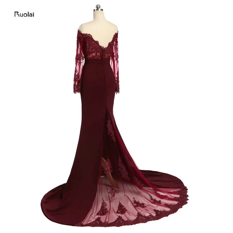 Женское платье Русалка с длинным рукавом заниженной спиной|neck applique|burgundy long