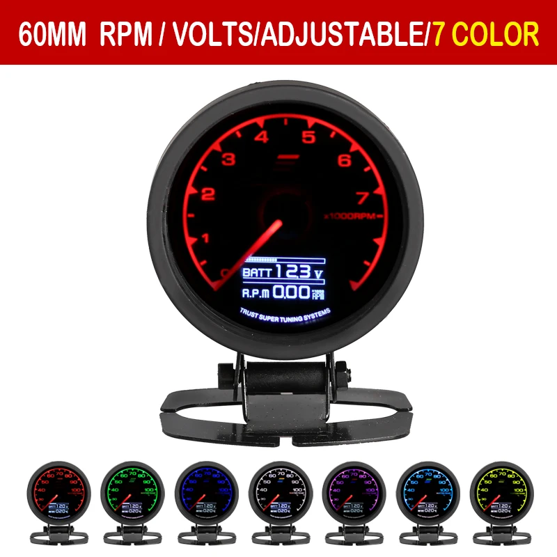 

niversal Racing Gauge RPM Tachometer Gauge GReddi 7 Light Colors LCD Display With Voltage Meter 62mm 2.5 Inch