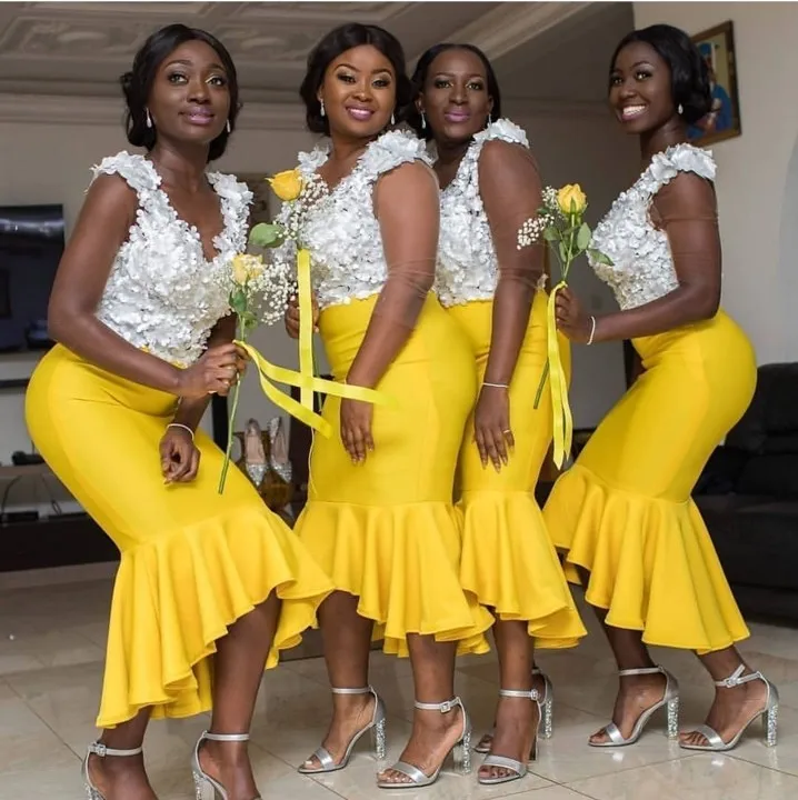 

Sexy African Mermaid Yellow Hi-low Bridemaid Dresses White Floral Top Satin Prom Dress Maid Of Honor Party Gowns