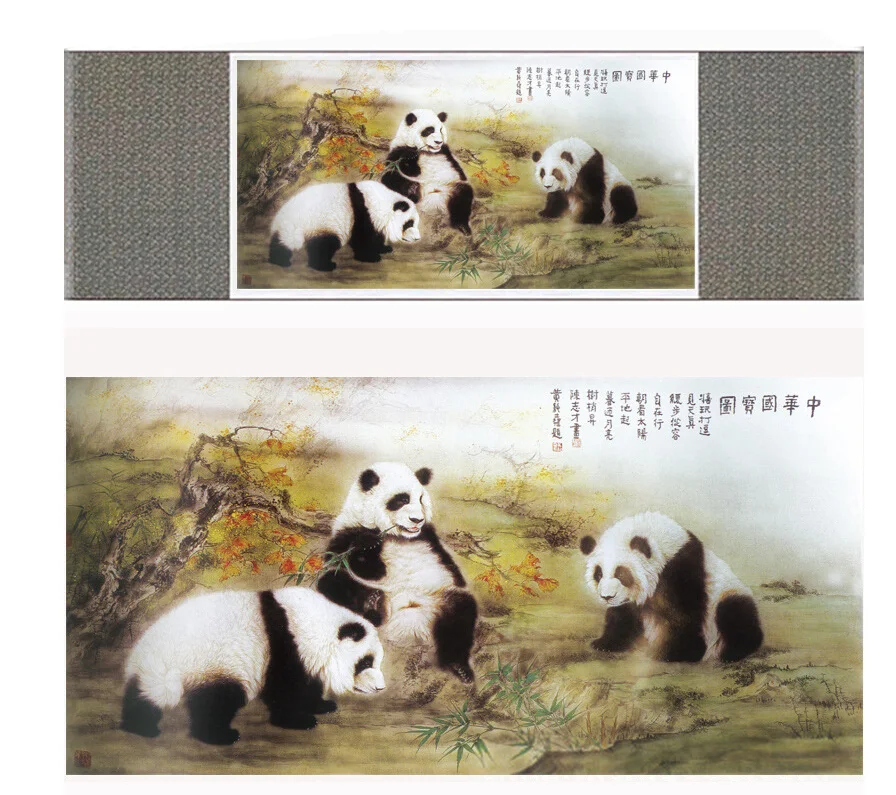 Картина панда традиционная китайская художественная живопись, шелковый свиток, панда, художественная живопись, картина с рисунком панды