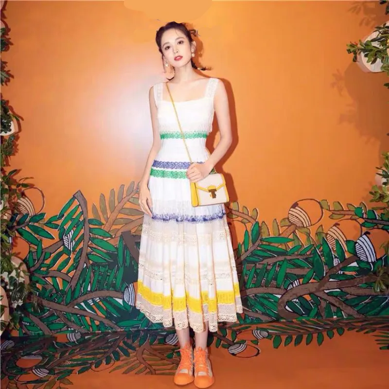 Женское кружевное платье макси длинное в разноцветную полоску стиле пэчворк на