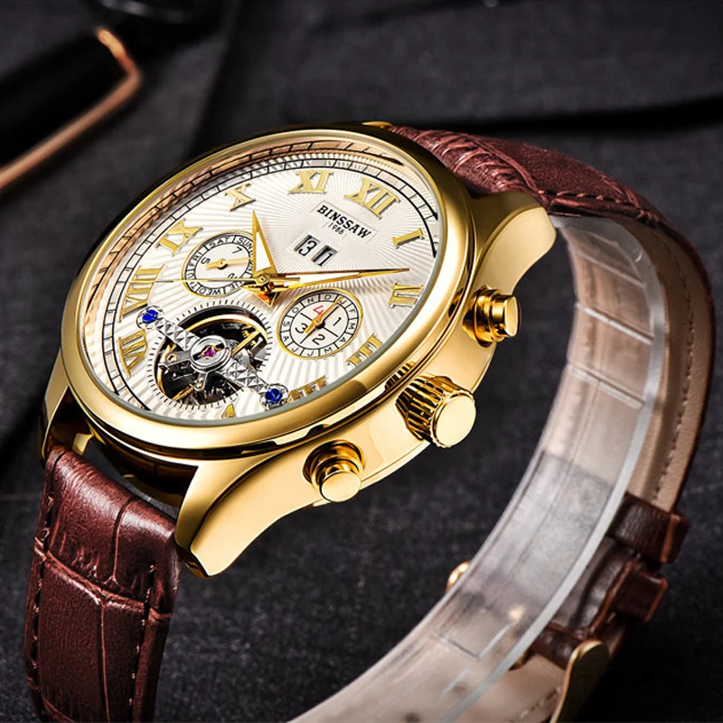 BINSSAW Мужские автоматические механические часы Tourbillon из натуральной кожи мужские