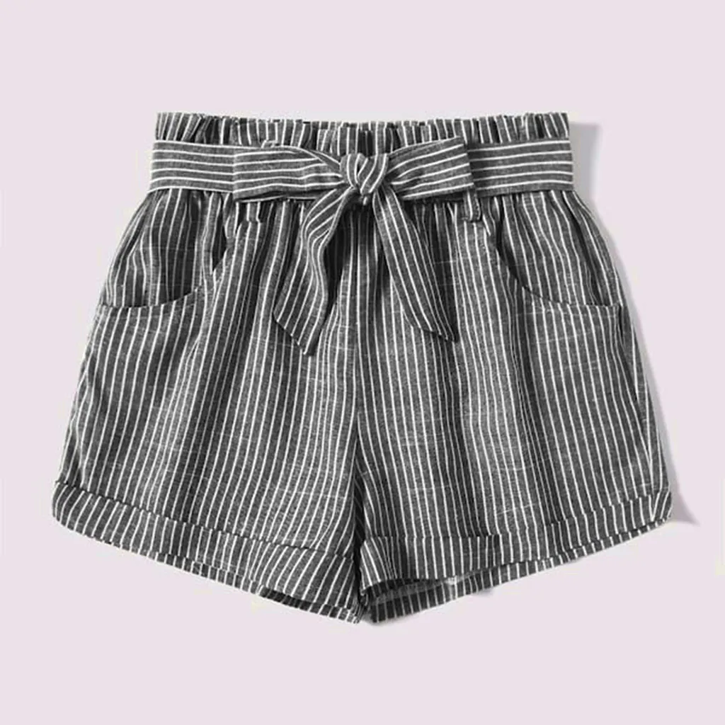 Новые женские шорты в полоску с высокой талией хлопковые и льняные бантом