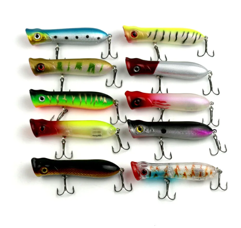 

10Pcs Popper Lure Fishing Bait Topwater Big Mouth Popper Hard Bass Artificial Baits 8CM/11G 6#Treble Hooks(PO032)