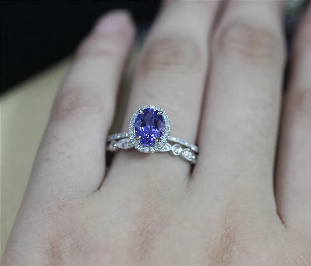 

DUPUY 6*8mm Oval Cut Tanzanite Engagement Ring Set Full Eternity Diamonds Wedding Ring Set Solid 14K White Gold 2pcs Bridal Set