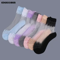 5 pairslot women jacquard ankle socks lady pure silk lace water plants short sock female cheap womens transparent crystal sock