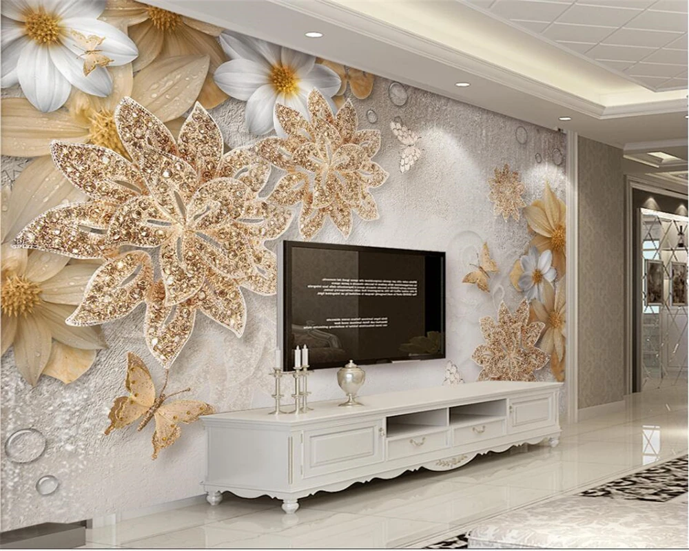 

Beibehang photo wall mural wallpaper 3d luxury gold jewelry flowers butterfly bedroom living room TV wallpaper for walls 3 d
