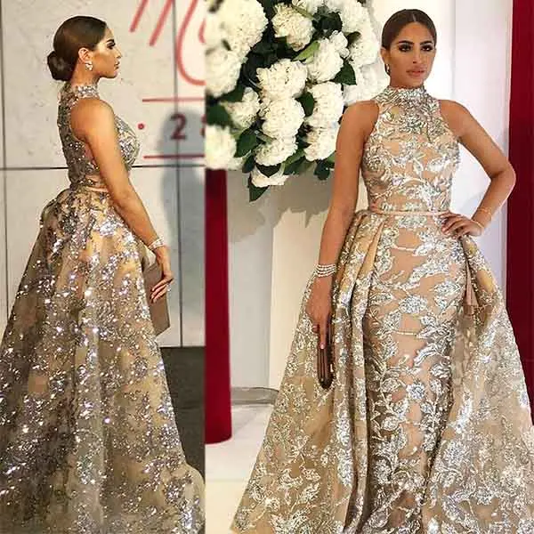 silver nude 2 Двойка Съемная сзади поезд Выпускные платья Высокое средства ухода за кожей Шеи Холтер серебро Сияющий Блеск Ткань Формальные вечерние Н - Цвет: silver nude 2