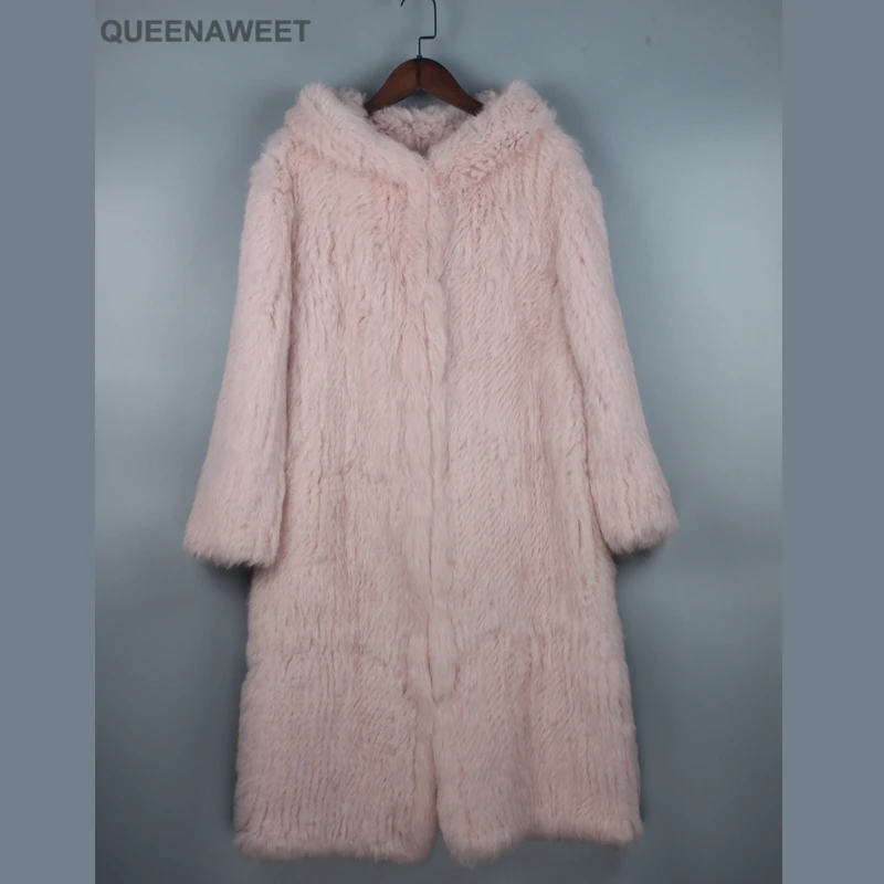 

Women knitted real genuinereal rabbit fur coat overcoat jackets garment & hooded 100 cm length