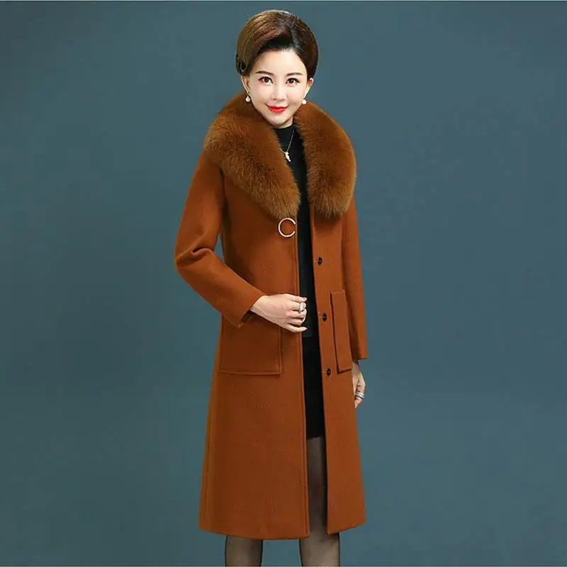 

Women 2019 Autumn Winter Faux Fur Collar Wool Blends Coats Female Thicken Warm Woolen Overcoats Slim Outwear Plus Size 5XL V622
