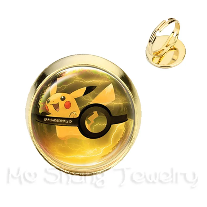 4 Pikachu Pokemon Pokeball кольца 16 мм круглые стеклянные колпачки и серебро/Golder покрытием 2 цвета регулируемые кольца для женщин девушек Подарок - Цвет основного камня: 4