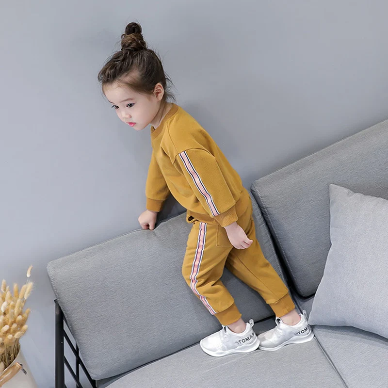 Children Tracksuits for Girls Solid Color Crew Neck Long-sleeved Sweater T-shirt Trousers Set Children's Casual Kids Clothes | Детская