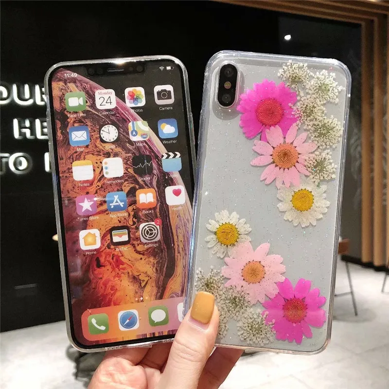 Colorful Real Dried Flowers Soft Phone Case For iPhone X XS Max XR Cute Clear Floral Back Cover 6 6S 7 8 Plus Coque |