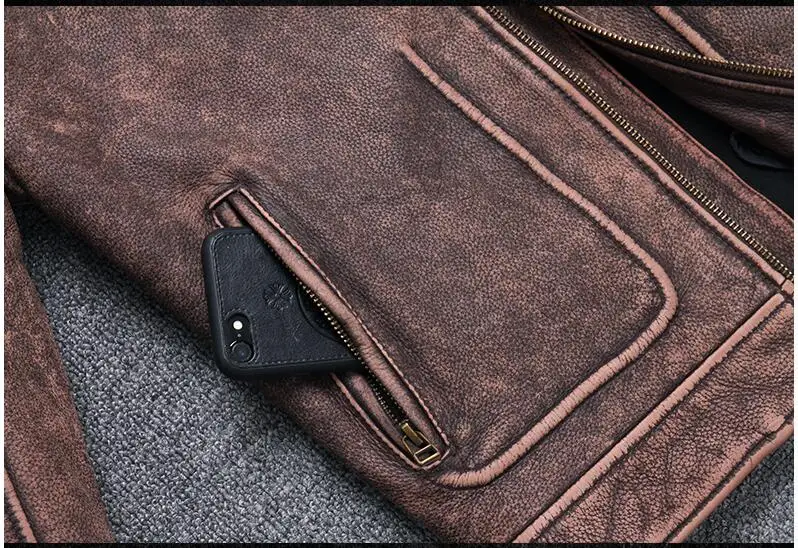Ретро винтажная коричневая мотоциклетная кожаная куртка размера плюс XXXL Натуральная Воловья кожа Весенняя приталенная байкерская куртка