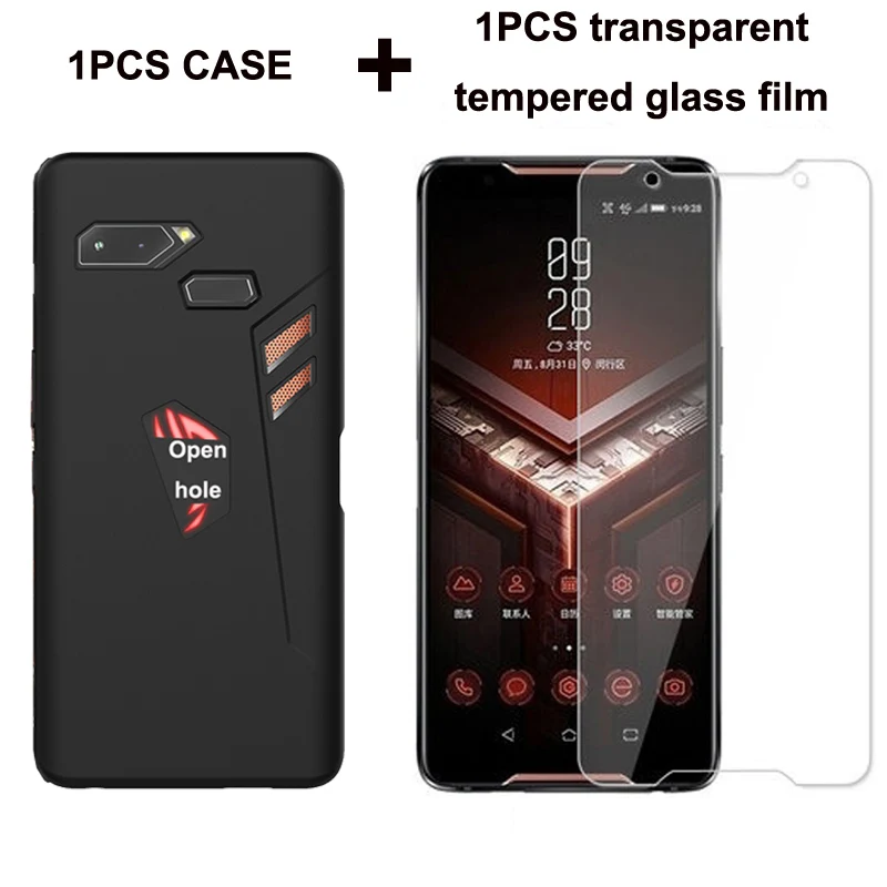 case and film Чехол для ASUS ROG Phone ZS600KL, мягкий силиконовый чехол, чехол для ASUS ROG Phone Z01QD, прозрачная пленка из закаленного стекла - Цвет: case and film