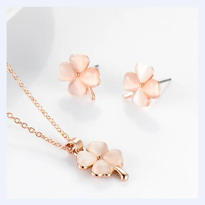 Quality real cat eye opal stone 4 Leaf Leaves clover necklace earrings charms women party girl fashion jewelry set | Украшения и