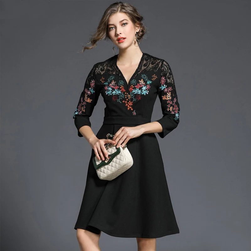 ZOSOL Spring New Women Embroidered Lace Party Dresses Vestidos High-End V-neck stitching Female Slim Vintage Black Dress 20 | Женская