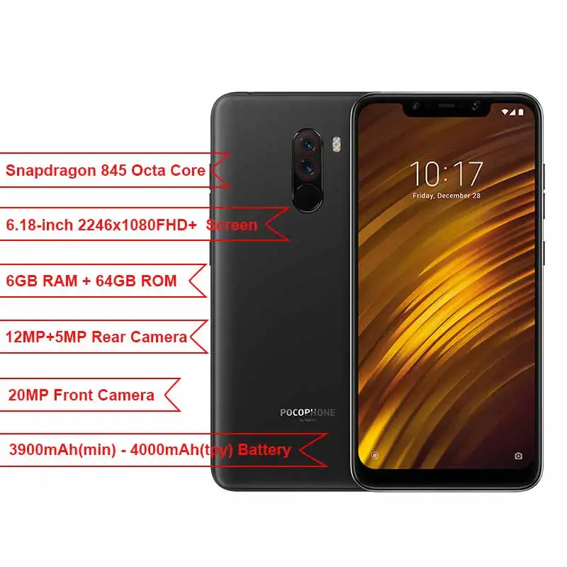 Глобальная версия Xiaomi POCOPHONE F1 6 ГБ 64 Гб POCO Snapdragon 845 смартфон AI двойной Камера 18