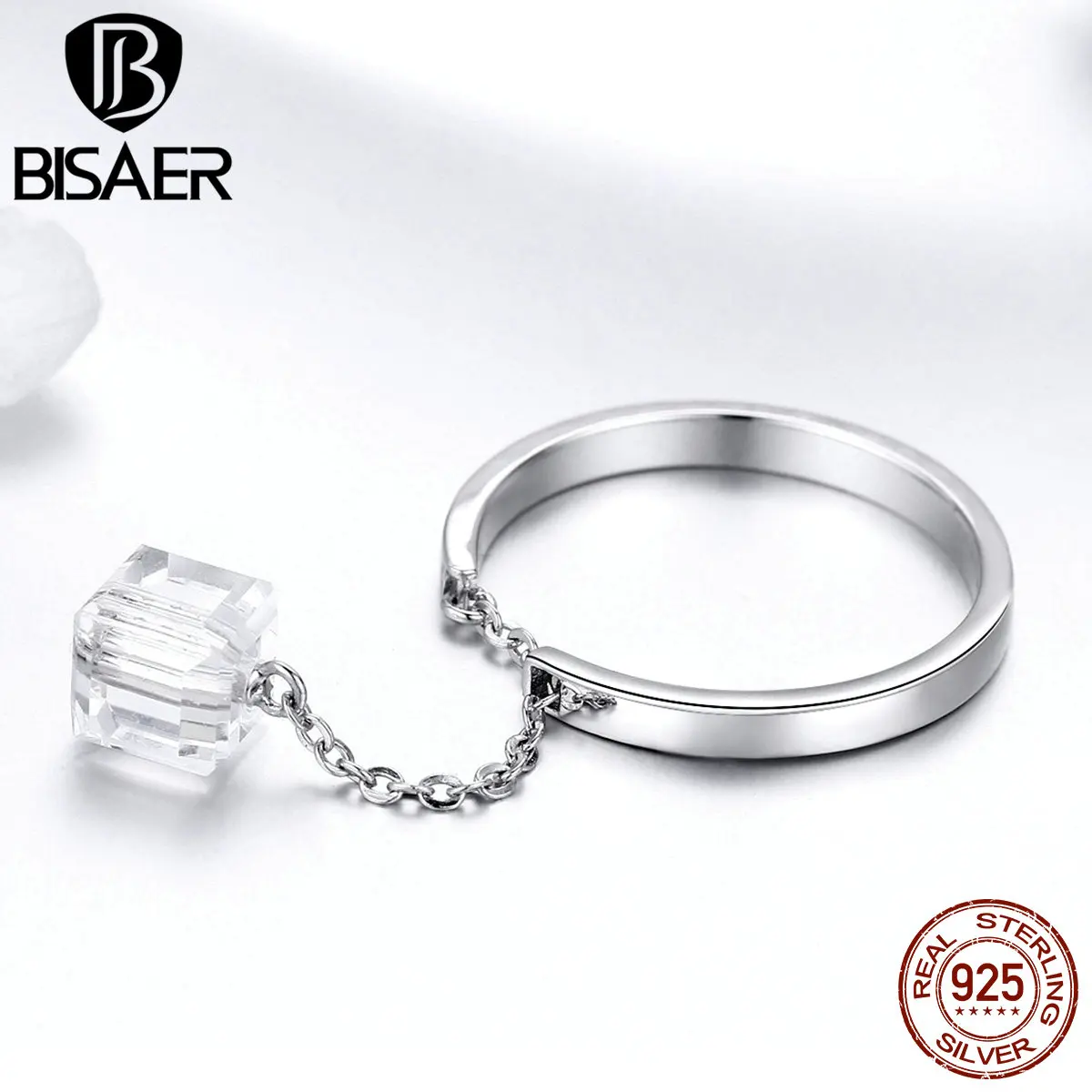 BISAER, 925 пробы, серебряная цепочка с кристаллами, регулируемые кольца для женщин, модное ювелирное изделие, Кольцо большого размера GXR488