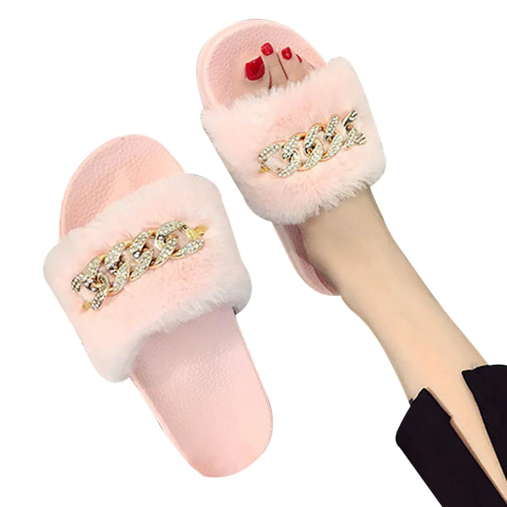 Pink MUQGEW женские слипоны ползунки пушистого искусственного меха на плоской подошве; домашние тапочки, шлепанцы женские босоножки с украшения из металла - Цвет: Pink