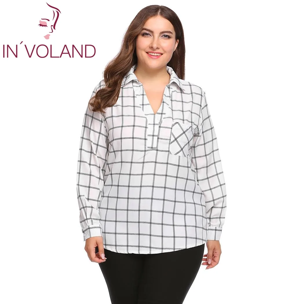IN'VOLAND Женщины Плюс Размер Женская блузка Blusas топы Осень v-образный вырез с