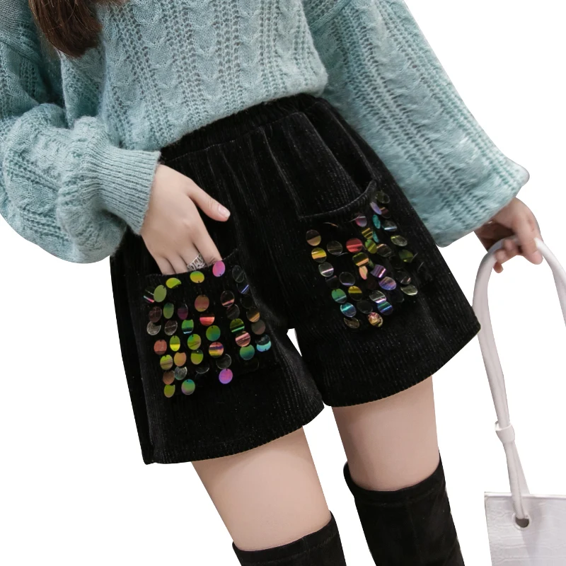 Женские вельветовые шорты с высокой талией и блестками|Женские шорты| |